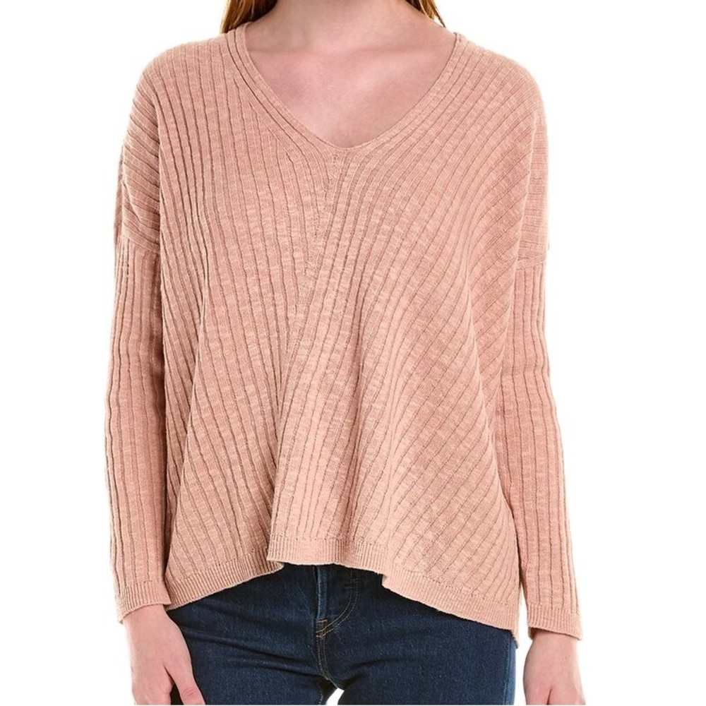 Eileen Fisher Medium Pink Ribbed Organic Cotton Long Sleeve V-neck Sweater - Picture 1 of 9